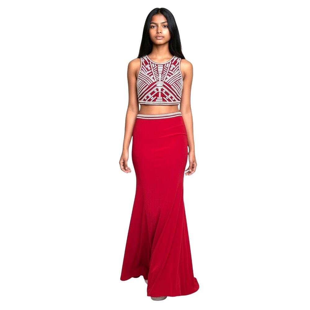 Sparkling Two Piece Prom Dress Beaded Crop top Red/ White Size 0
